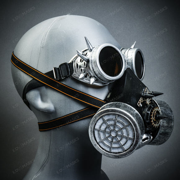 Silver Steampunk Spike Goggle w/ Party Spike Gas Mask Halloween Party Costume - Picture 3 of 8